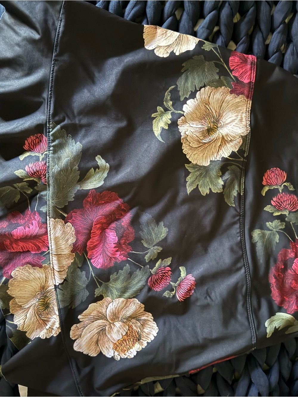 Albion Black Satin Bomber Jacket with Red & Cream Floral Print